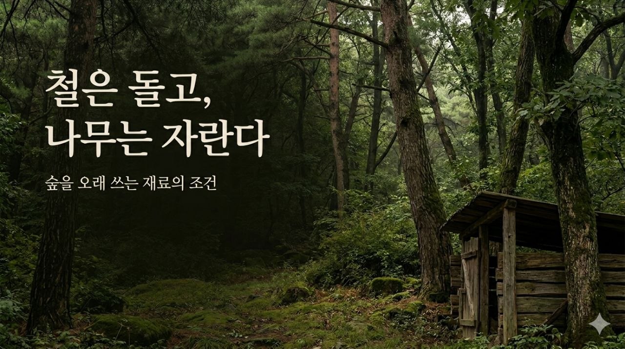 숲 속 목재 구조물 배경 위에 철은 돌고, 나무는 자란다라는 제목이 들어간 포그네 칼럼 대표이미지